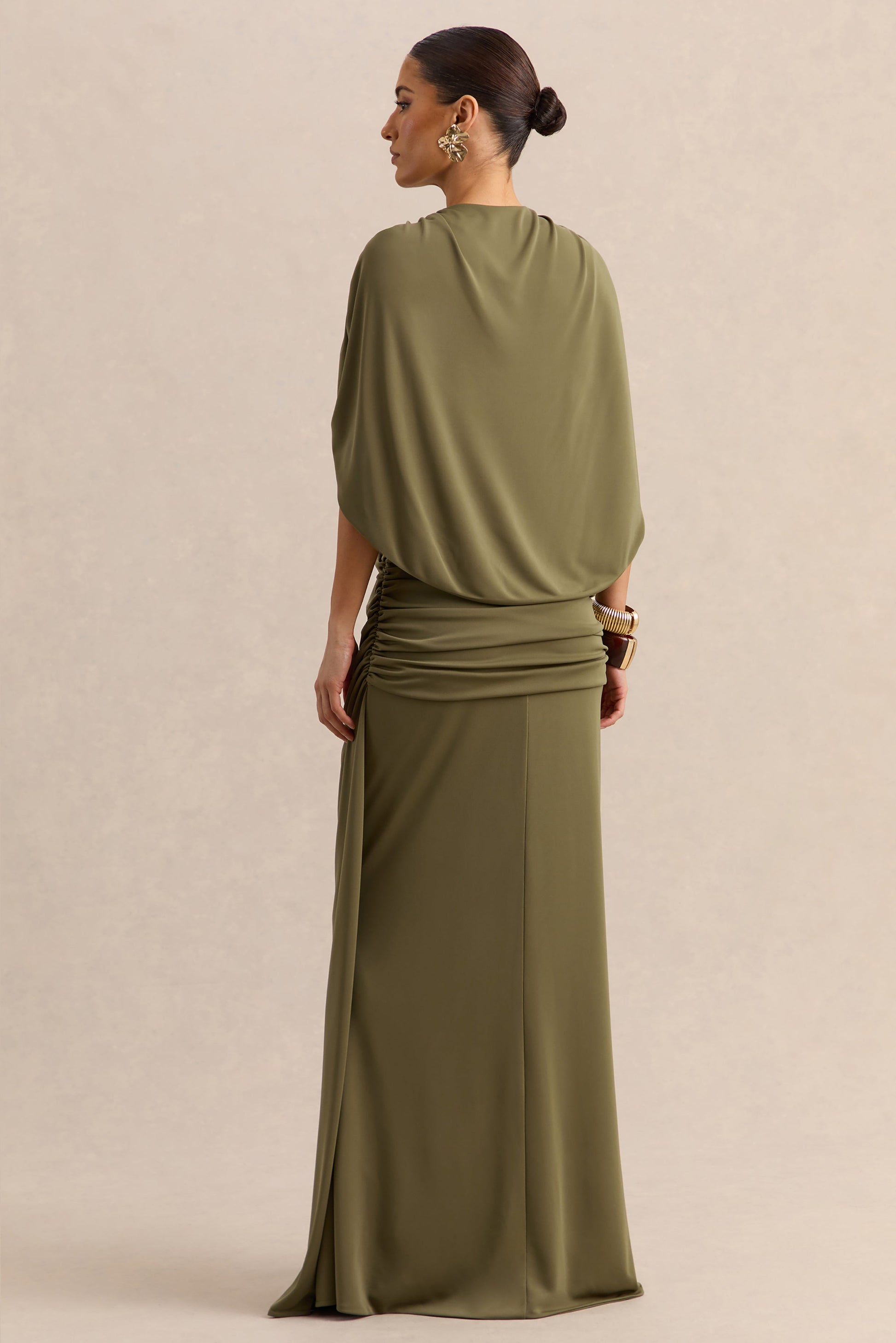 Marisea | Green Plunge-Neck Maxi Dress With Cape-Sleeves