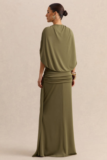 Marisea | Green Plunge-Neck Maxi Dress With Cape-Sleeves