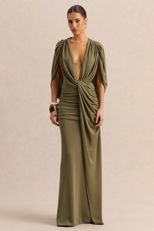 Marisea | Green Plunge-Neck Maxi Dress With Cape-Sleeves