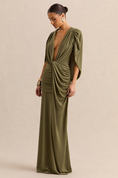 Marisea | Green Plunge-Neck Maxi Dress With Cape-Sleeves