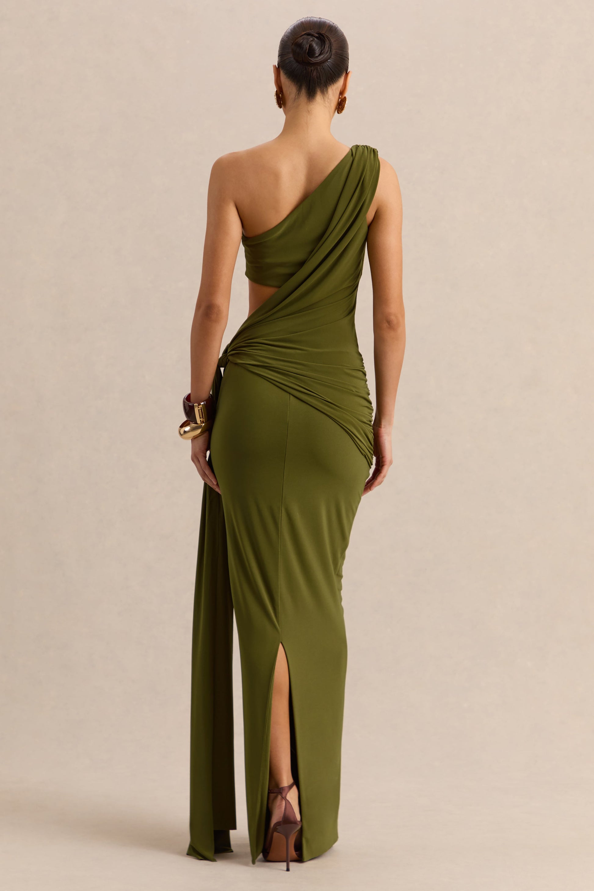 Clarosia | Green Asymmetric-Neck Maxi Dress With Cut-Out With Sash