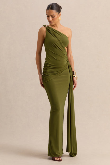 Clarosia | Green Asymmetric-Neck Maxi Dress With Cut-Out With Sash