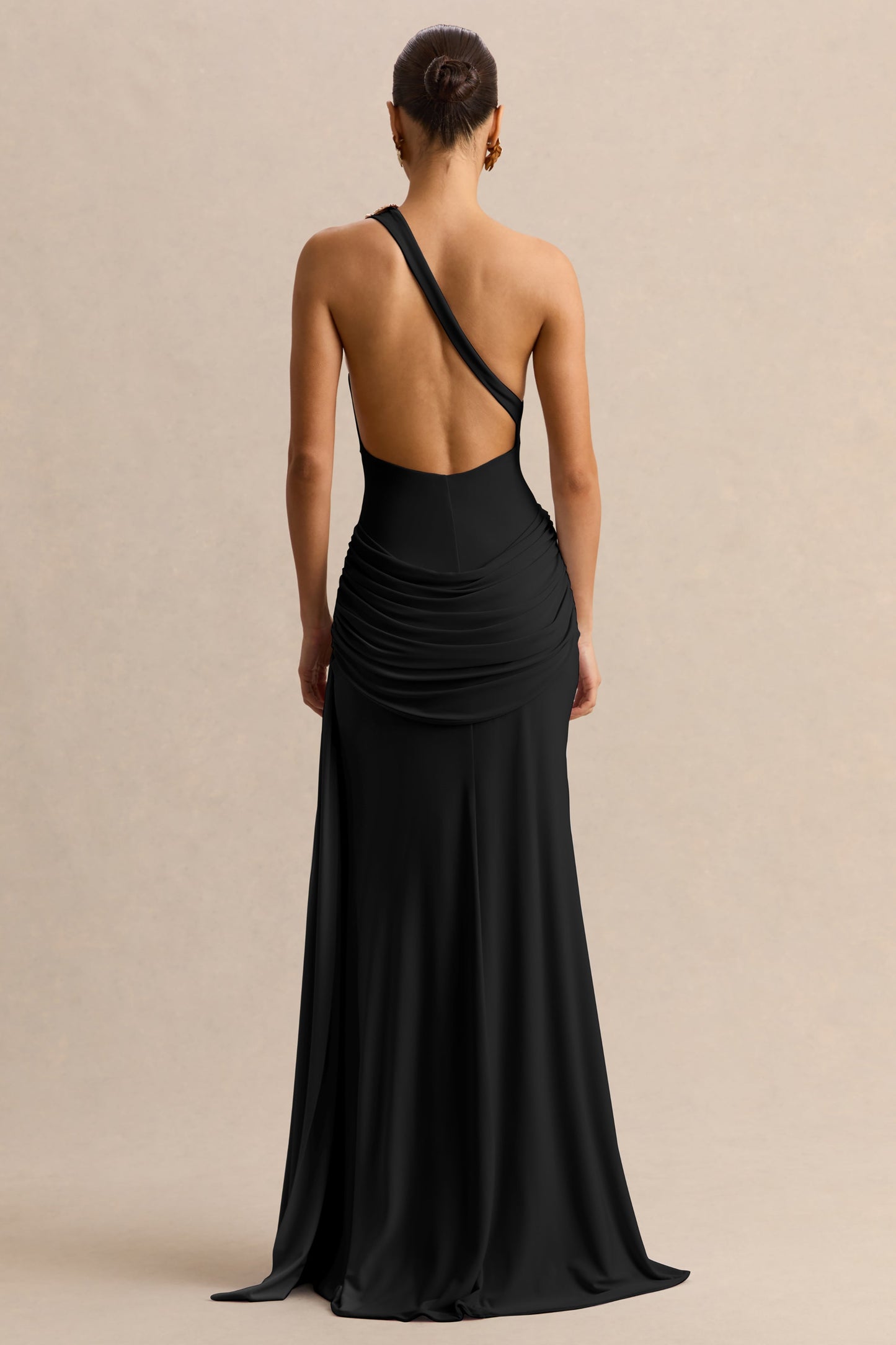 Belrose | Black Asymmetric-Neck Maxi Dress With Gold-Detail And Front-High Split