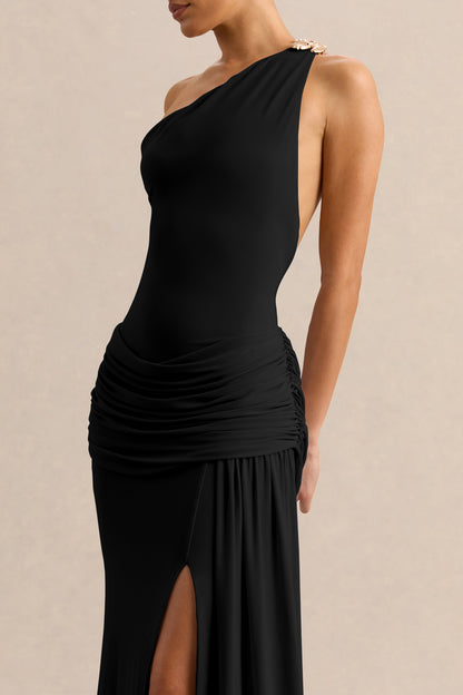 Belrose | Black Asymmetric-Neck Maxi Dress With Gold-Detail And Front-High Split