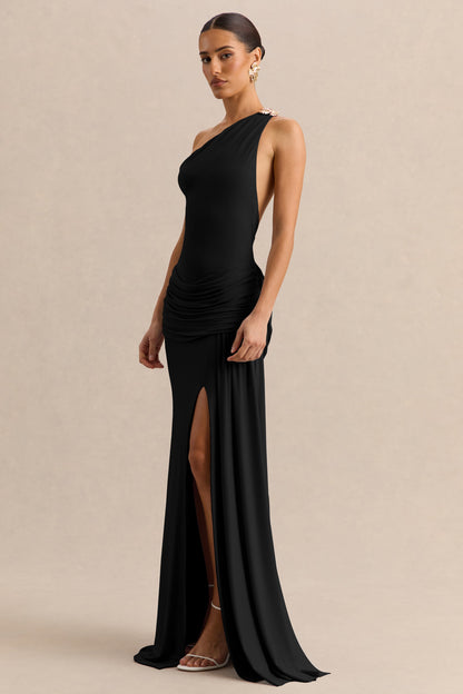 Belrose | Black Asymmetric-Neck Maxi Dress With Gold-Detail And Front-High Split