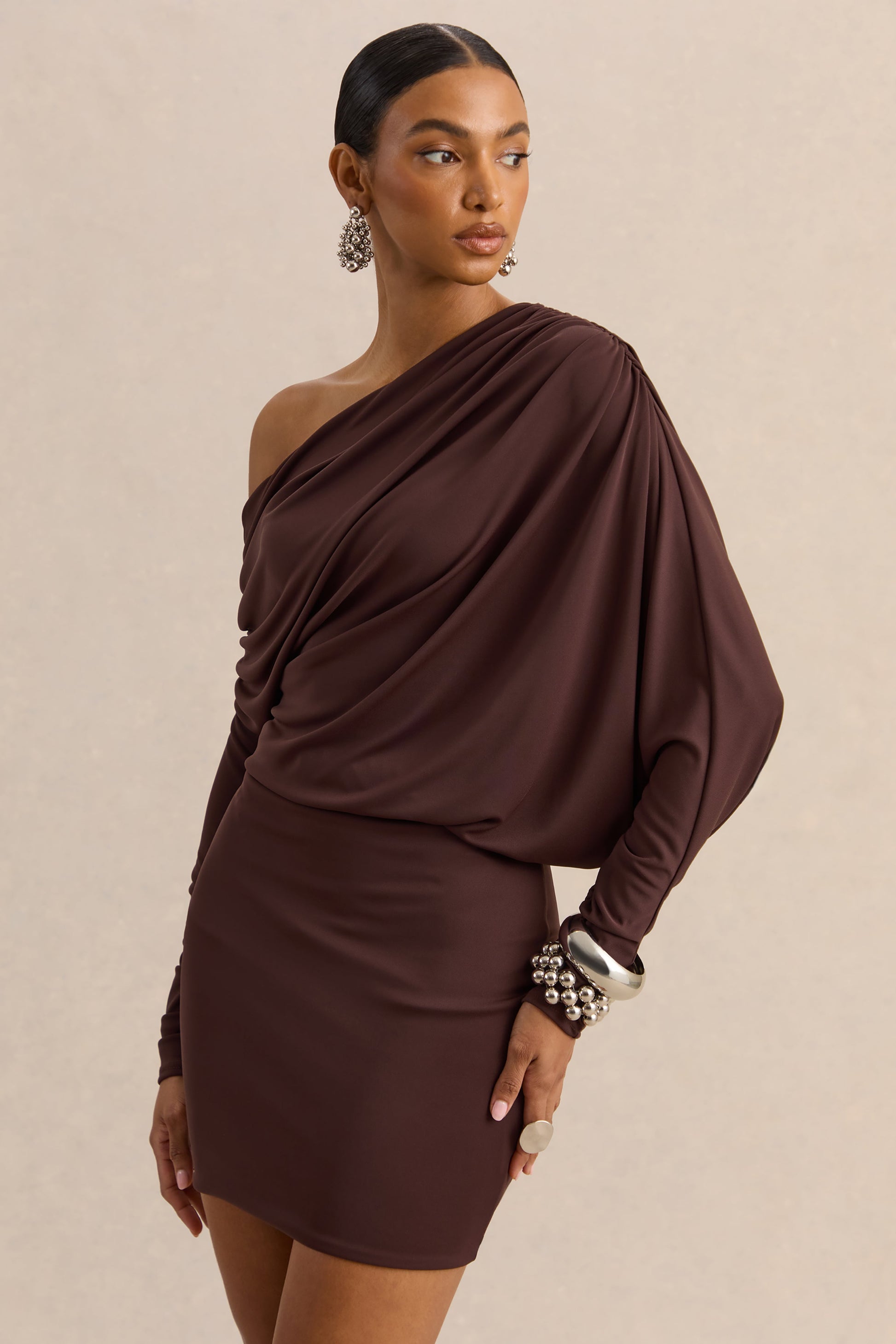 Inoria | Brown Asymmetric-Neck Mini Dress
