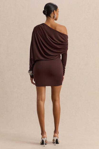 Inoria | Brown Asymmetric-Neck Mini Dress