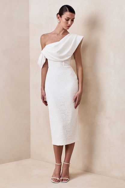 Farvera | White Lace Draped Asymmetric-Neck Midi Dress
