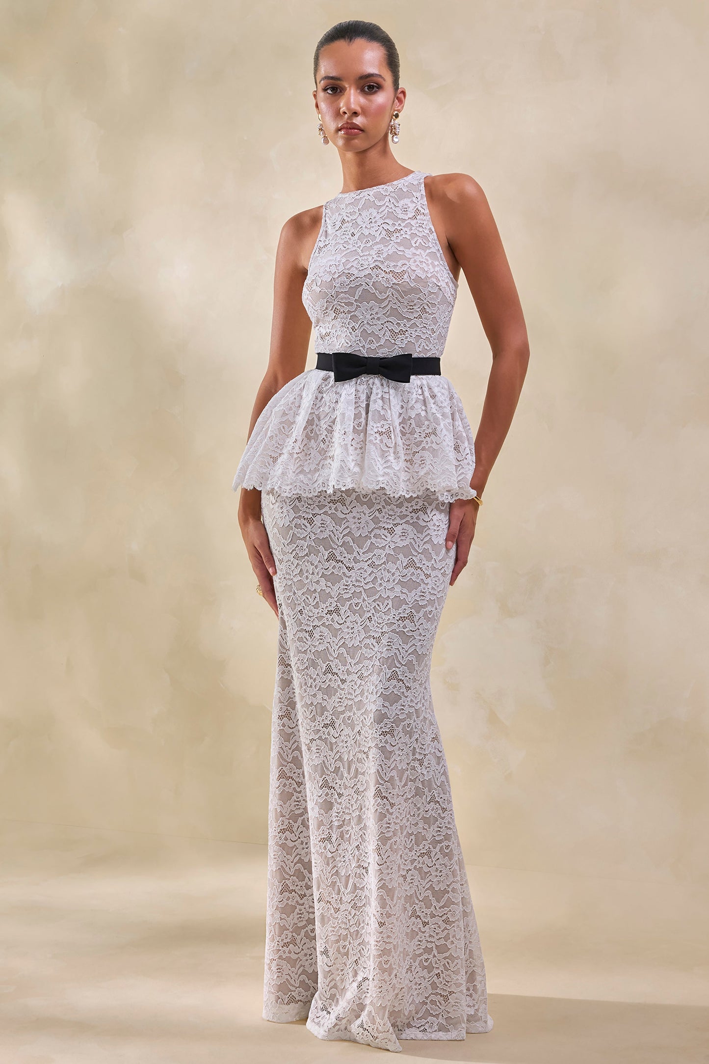Malisse | White Lace Round-Neck Top With Belt-Detail