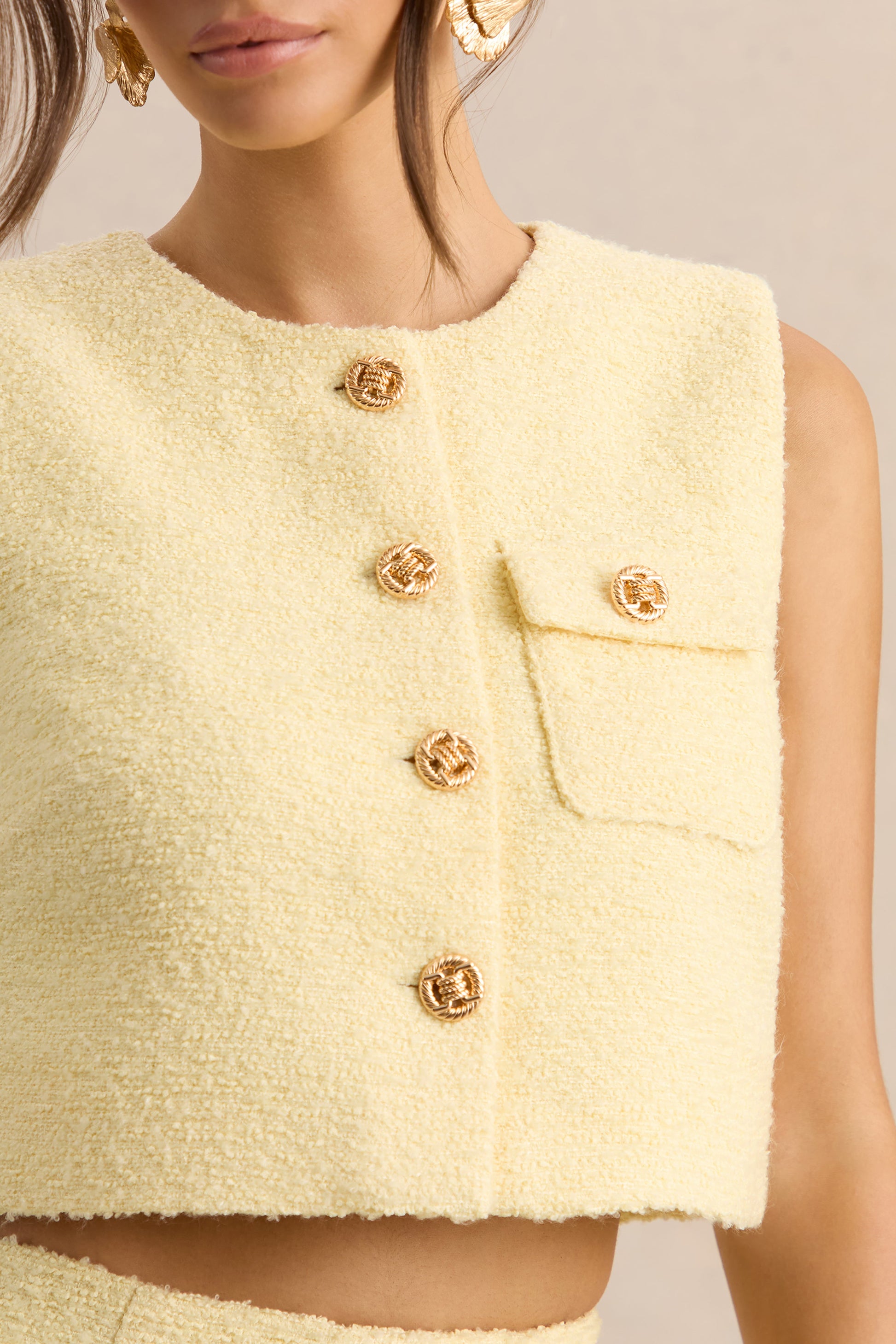 Emara | Lemon Round-Neck Top With Button-Detailing