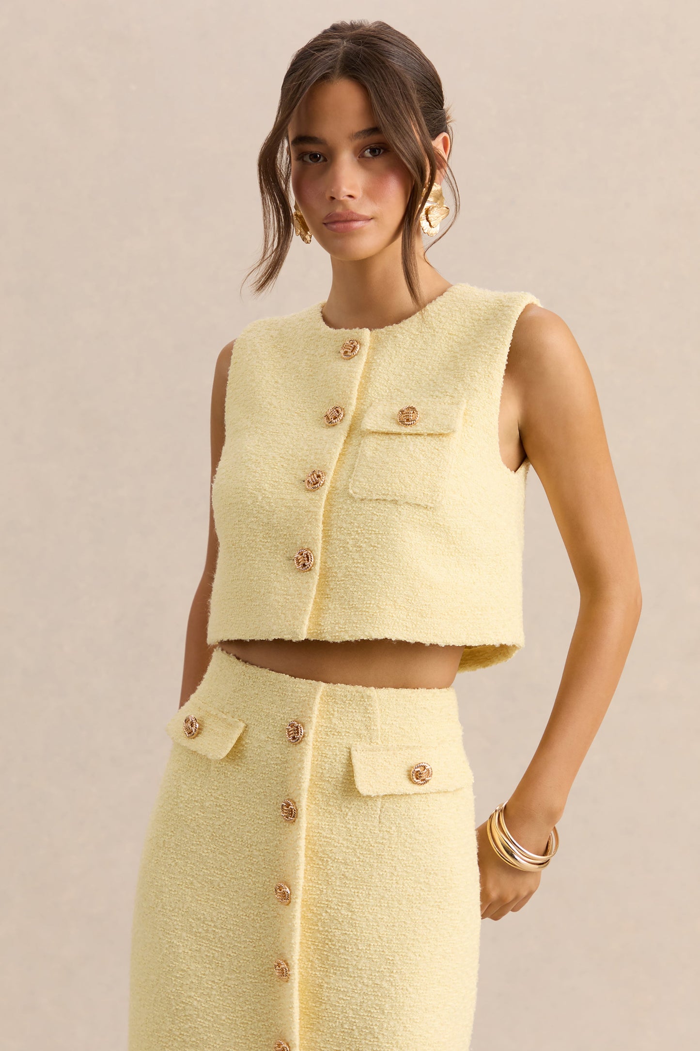 Emara | Lemon Round-Neck Top With Button-Detailing