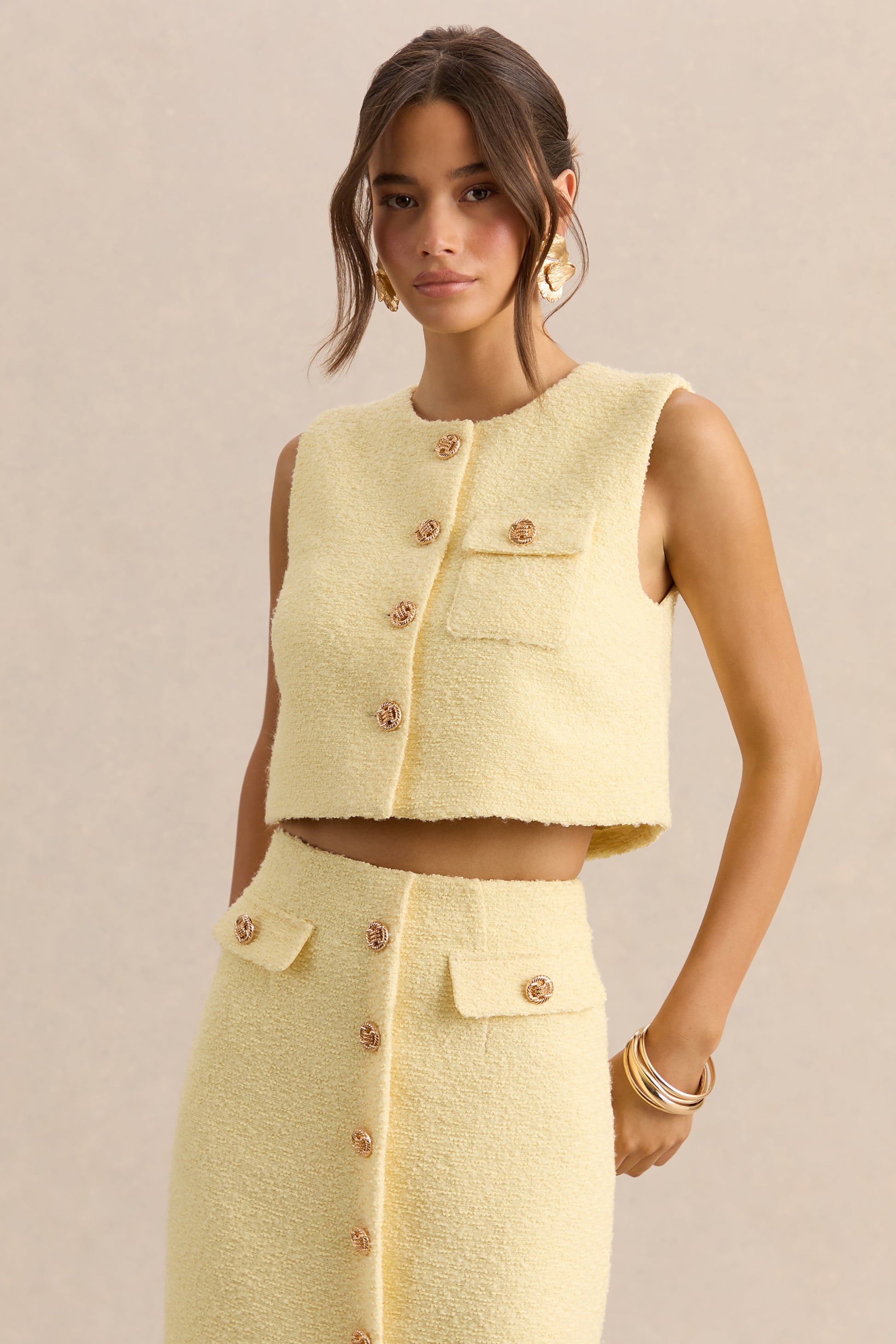 Emara | Lemon Round-Neck Top With Button-Detailing