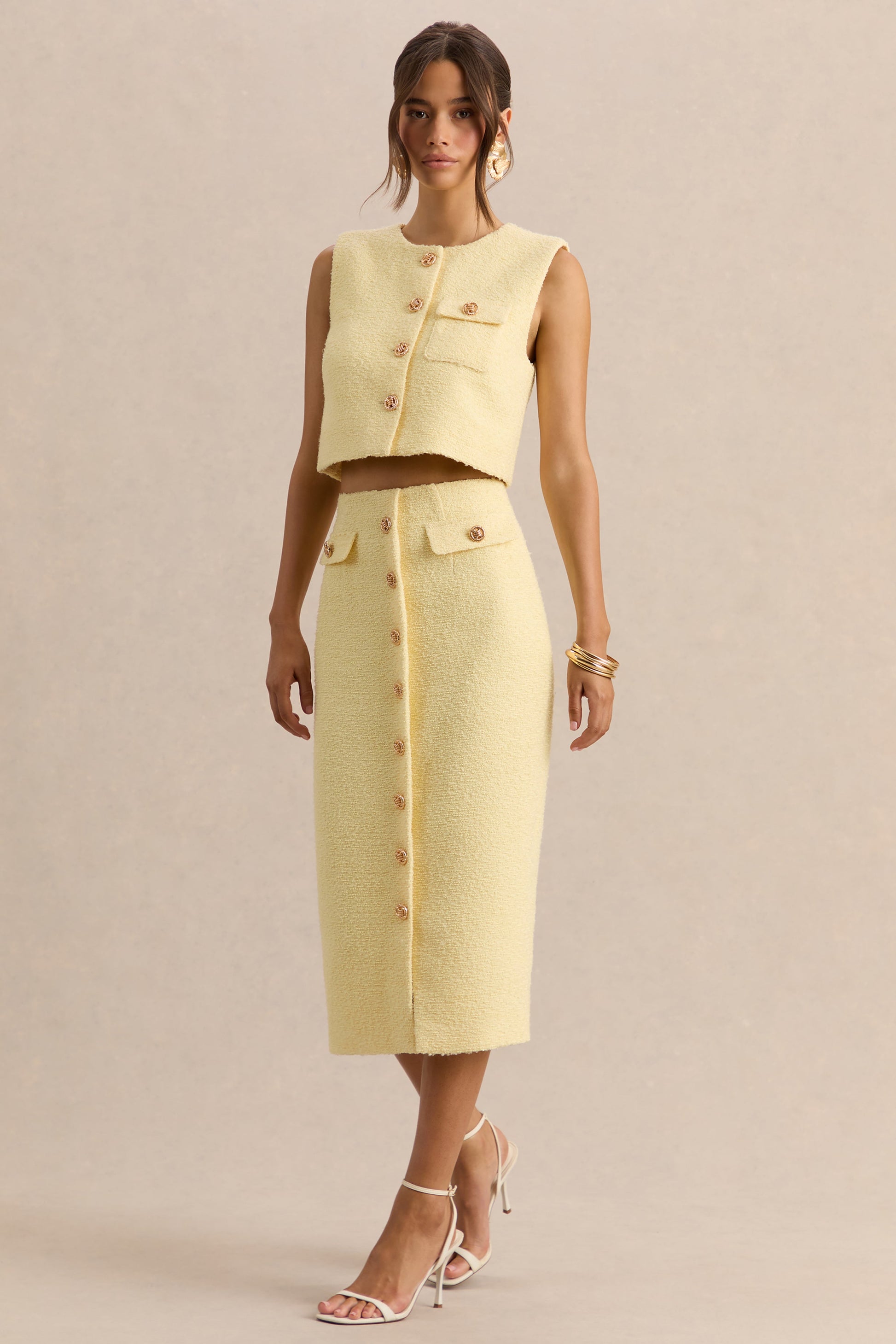 Glyra | Lemon Tailored Midi-Skirt With Button-Detailing