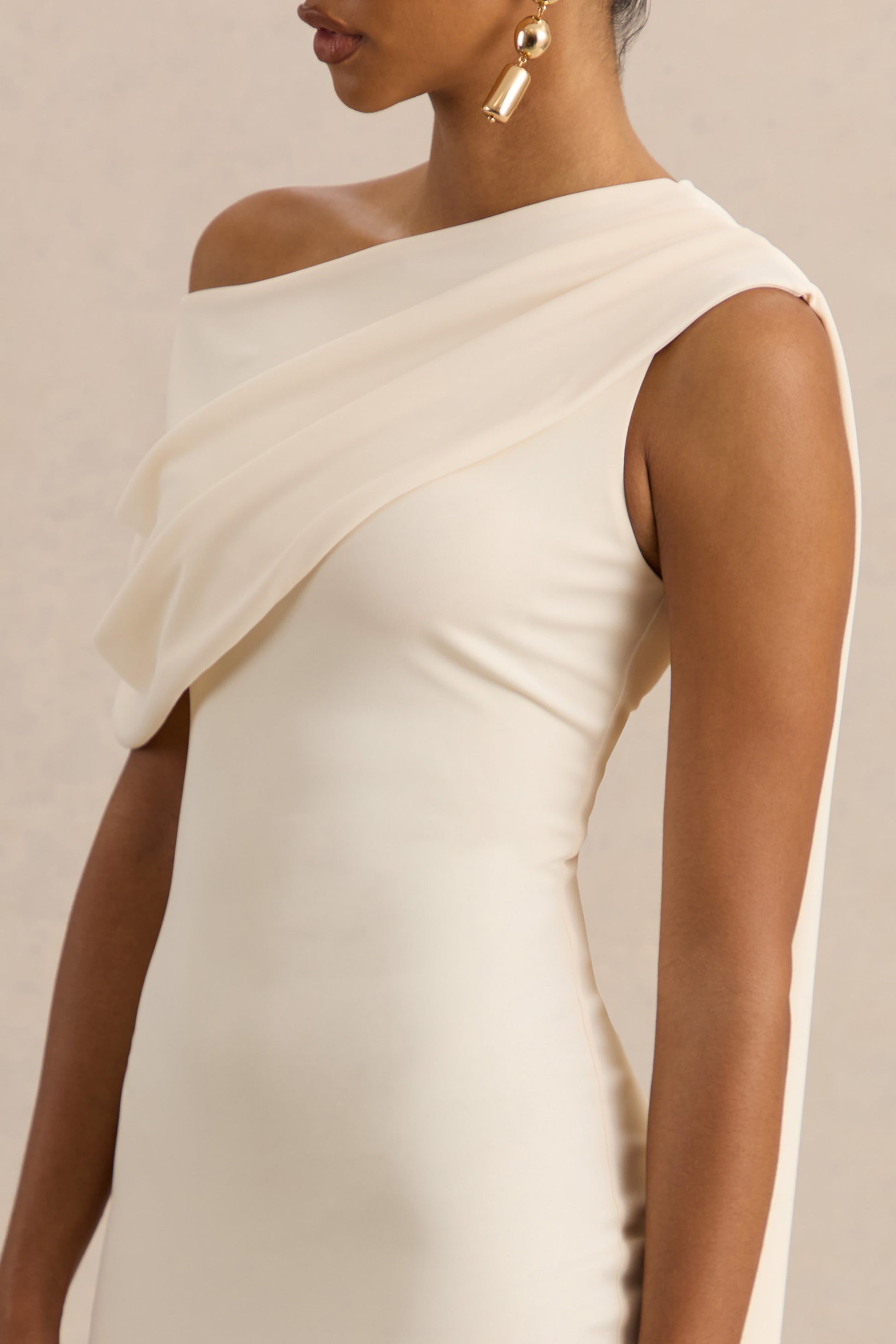Madelisse | Cream Asymmetric-Neck Midi Dress With Sash