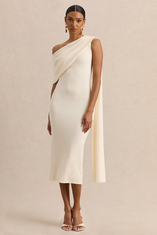 Madelisse | Cream Asymmetric-Neck Midi Dress With Sash