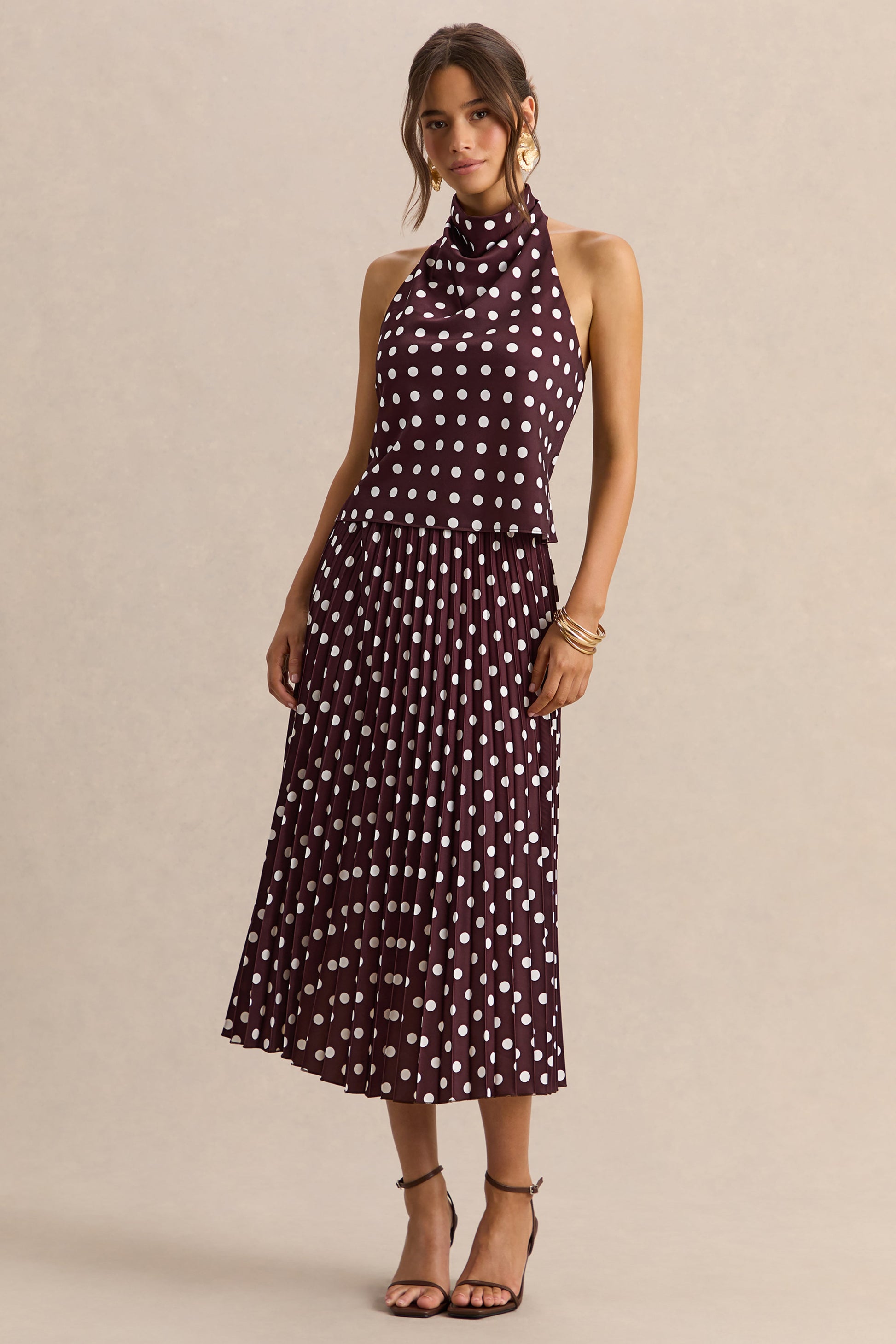 Lirona | Brown Polka-Dot Satin High-Neck Top