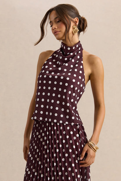 Lirona | Brown Polka-Dot Satin High-Neck Top