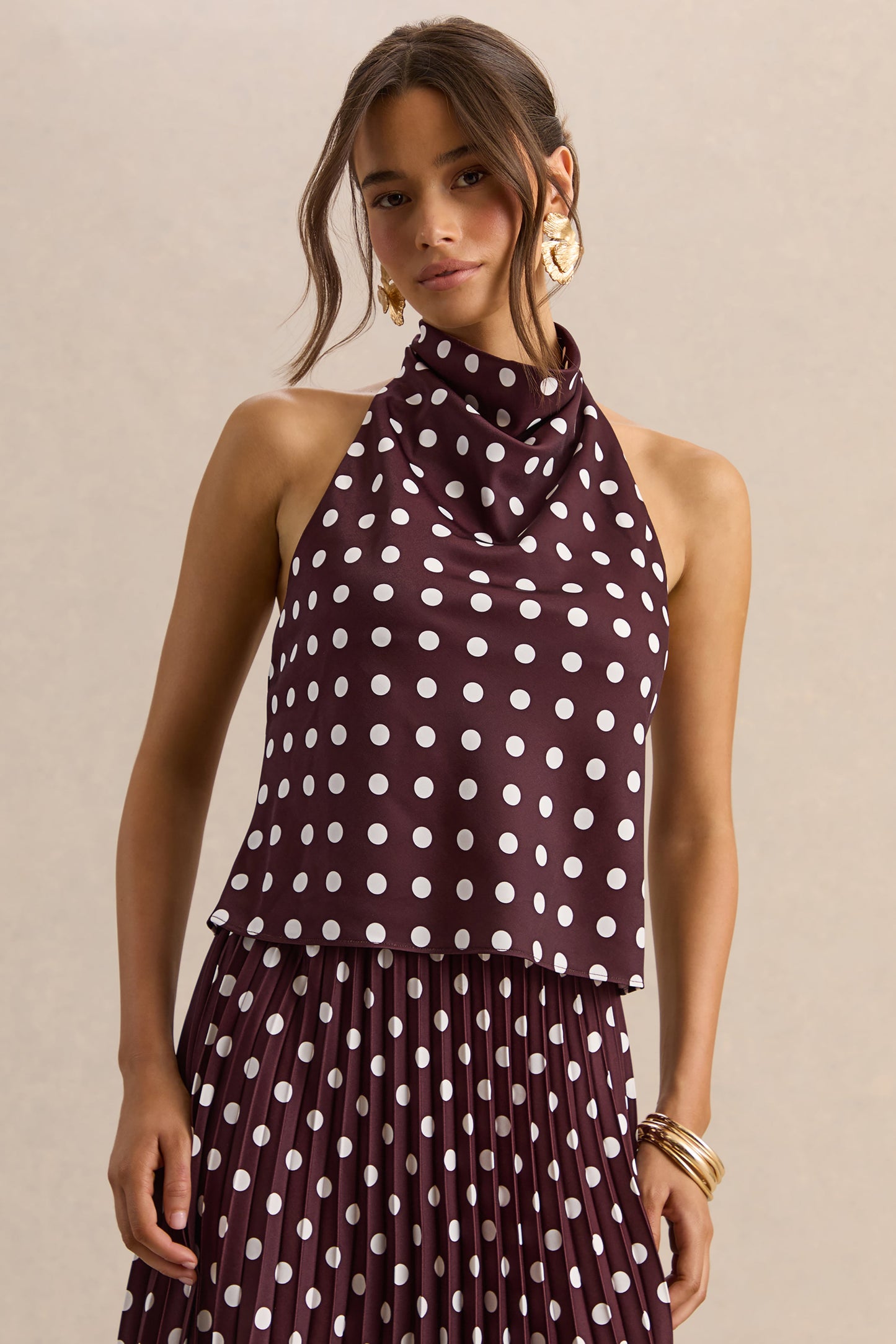 Lirona | Brown Polka-Dot Satin High-Neck Top