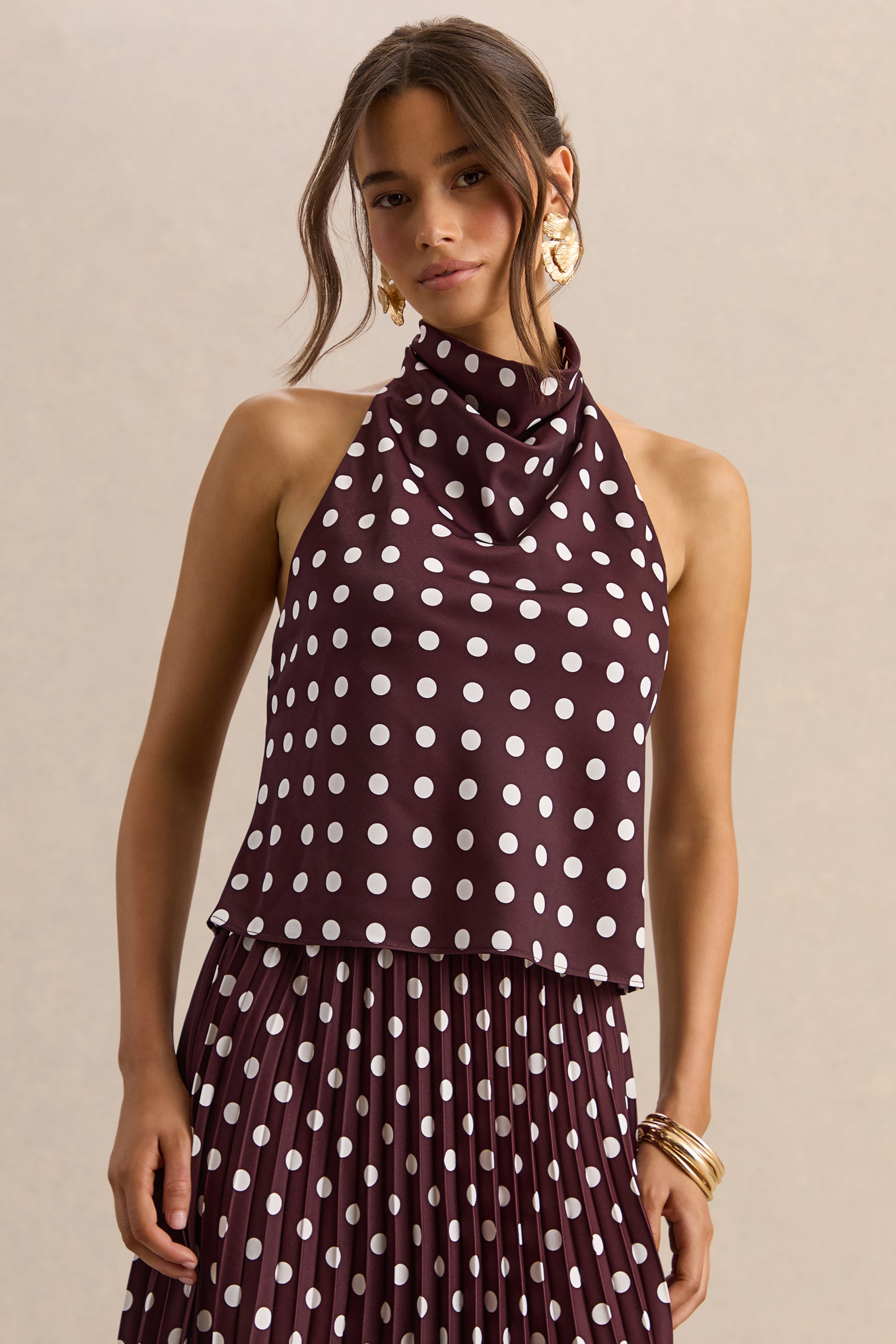Lirona | Brown Polka-Dot Satin High-Neck Top
