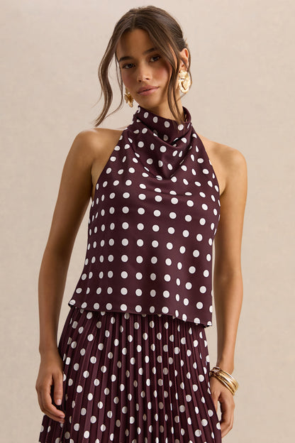 Lirona | Brown Polka-Dot Satin High-Neck Top