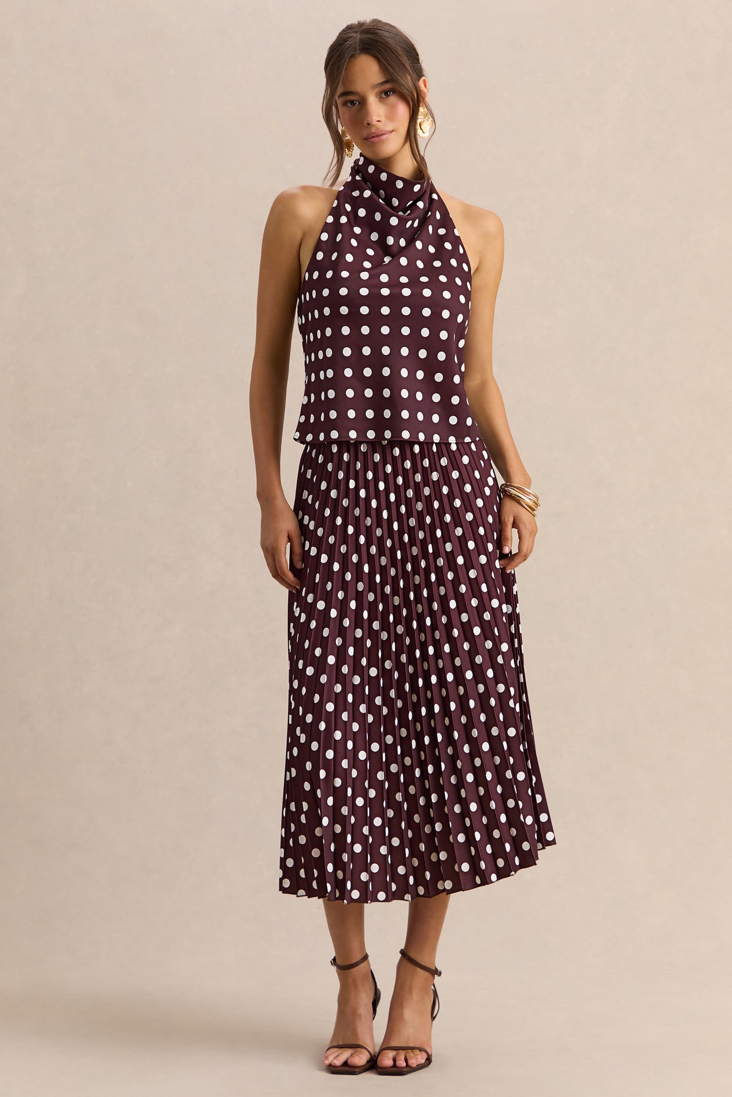 Kiora | Brown Polka-Dot Satin Midi Skirt