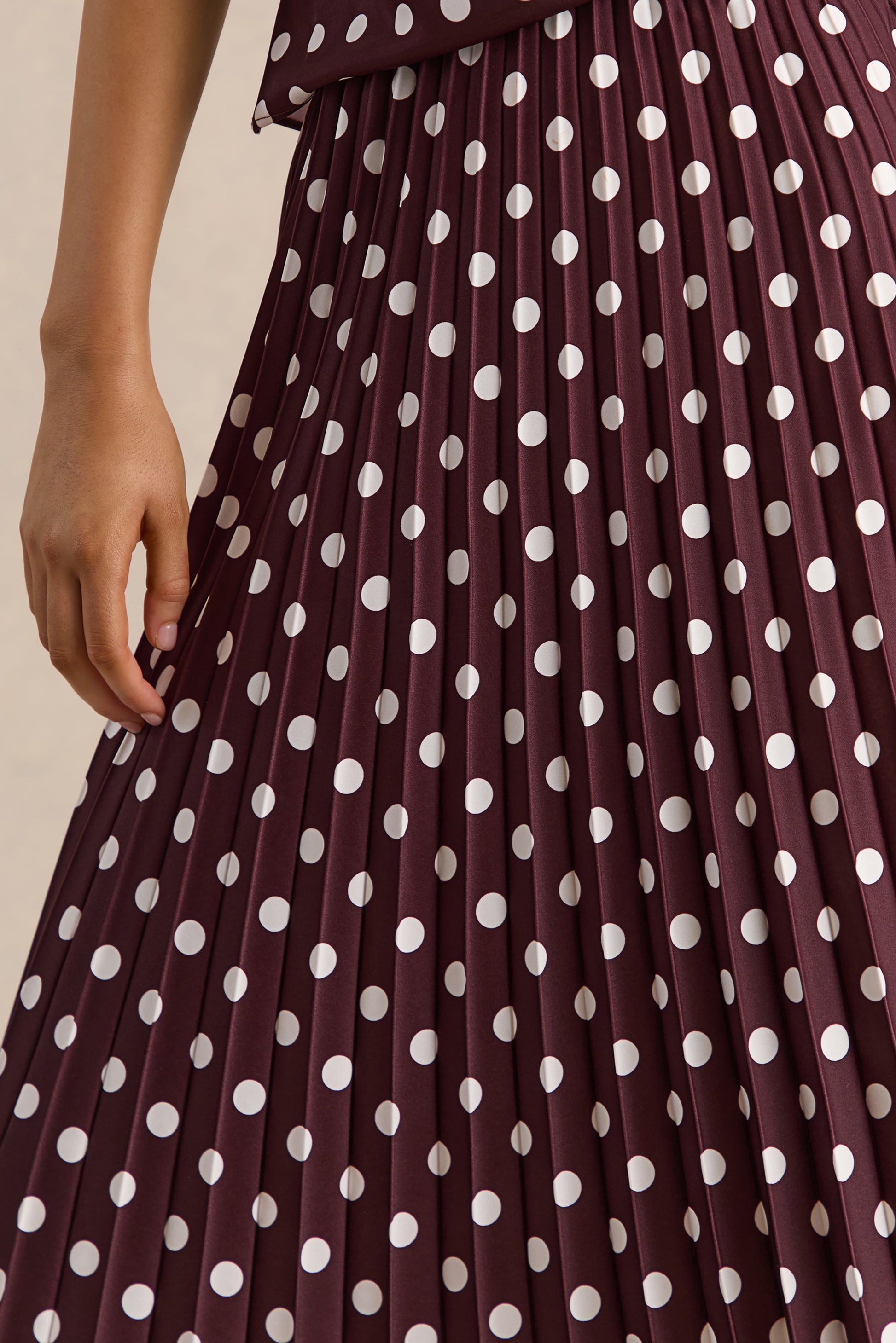 Kiora | Brown Polka-Dot Satin Midi Skirt