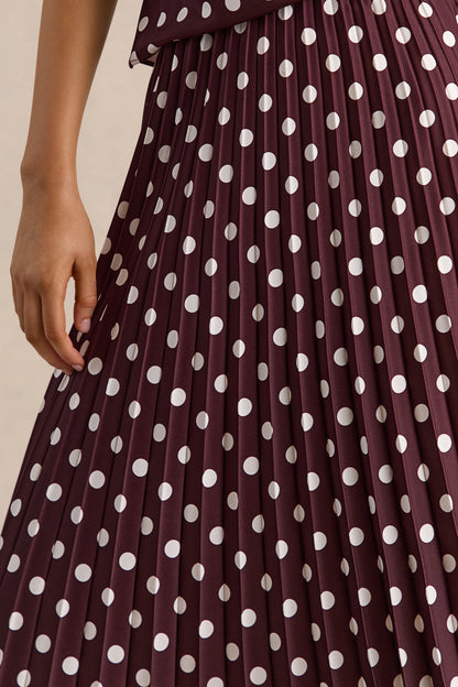Kiora | Brown Polka-Dot Satin Midi Skirt