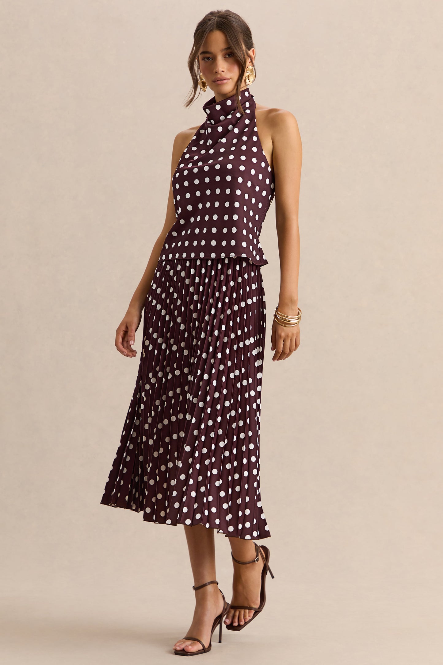 Kiora | Brown Polka-Dot Satin Midi Skirt