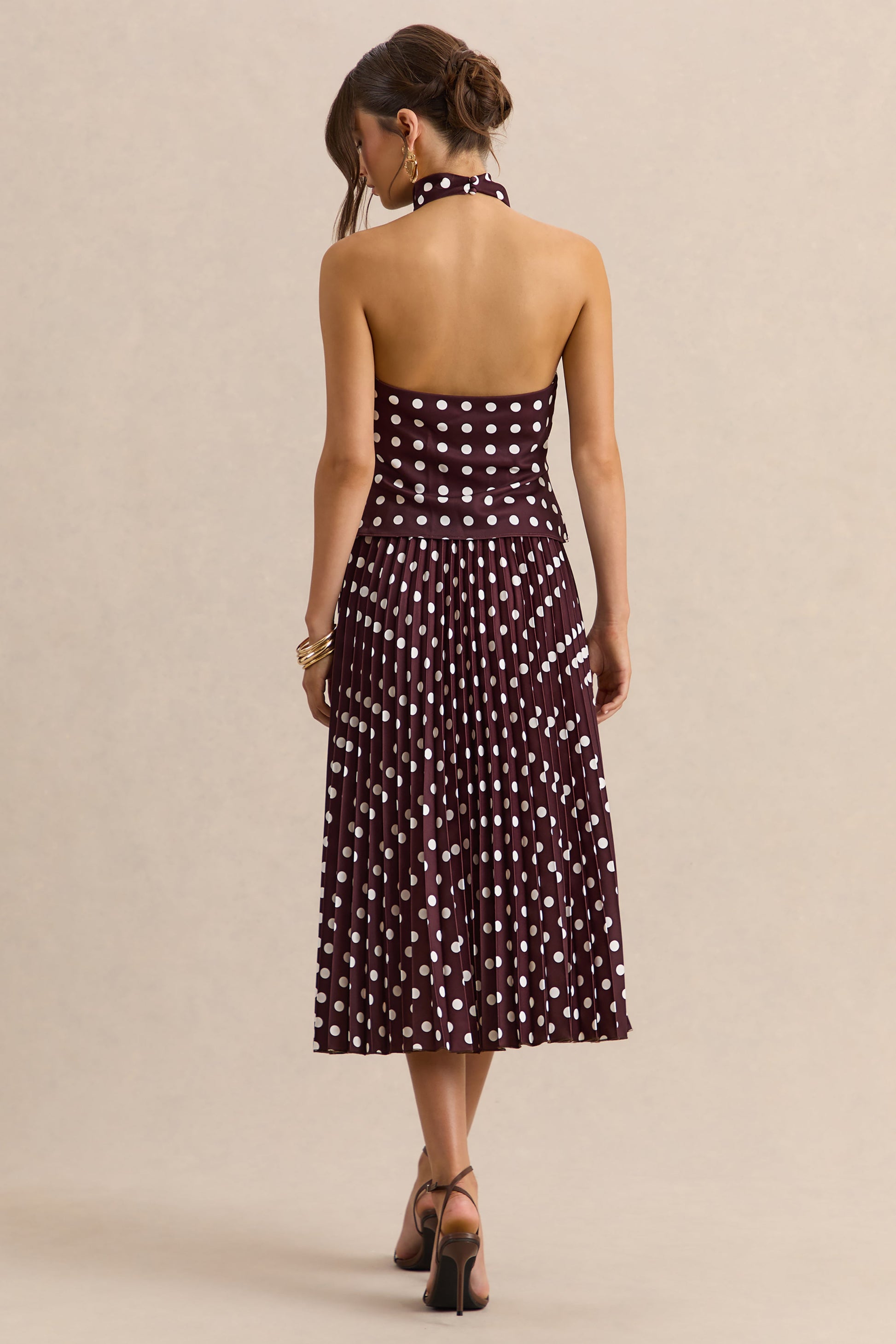 Kiora | Brown Polka-Dot Satin Midi Skirt