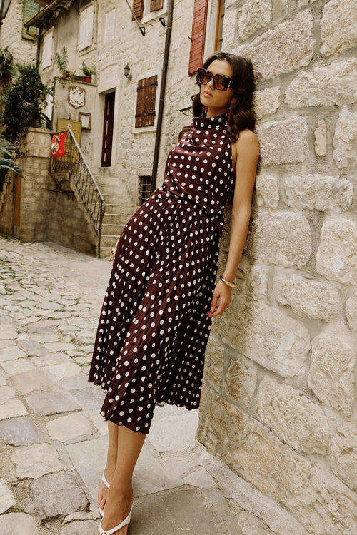 Kiora | Brown Polka-Dot Satin Midi Skirt