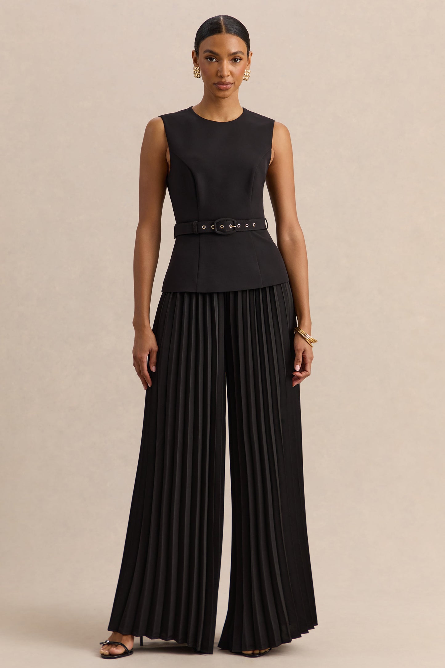 Karienne | Black Round-Neck Top With Belted-Detail