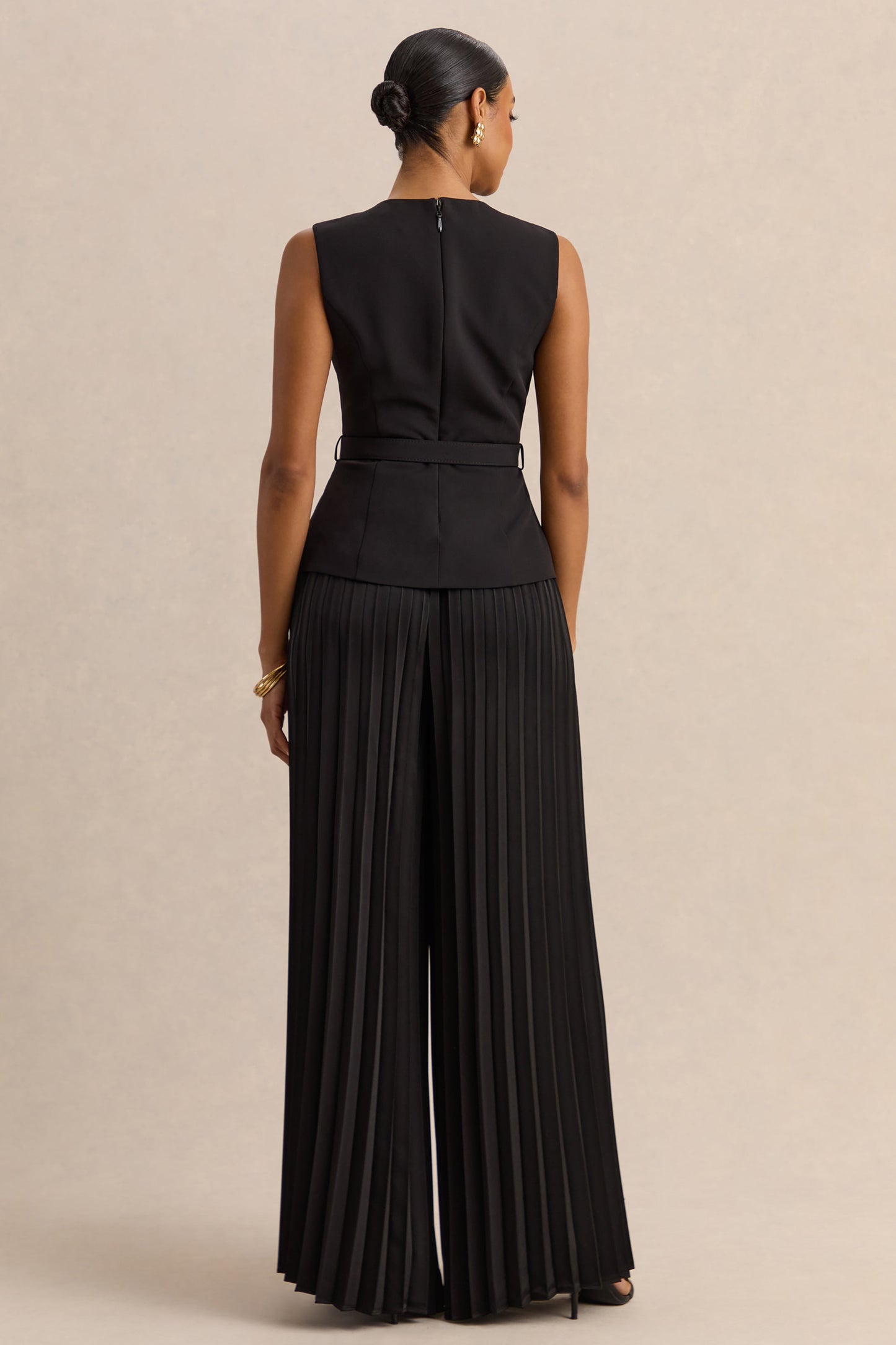 Karienne | Black Round-Neck Top With Belted-Detail