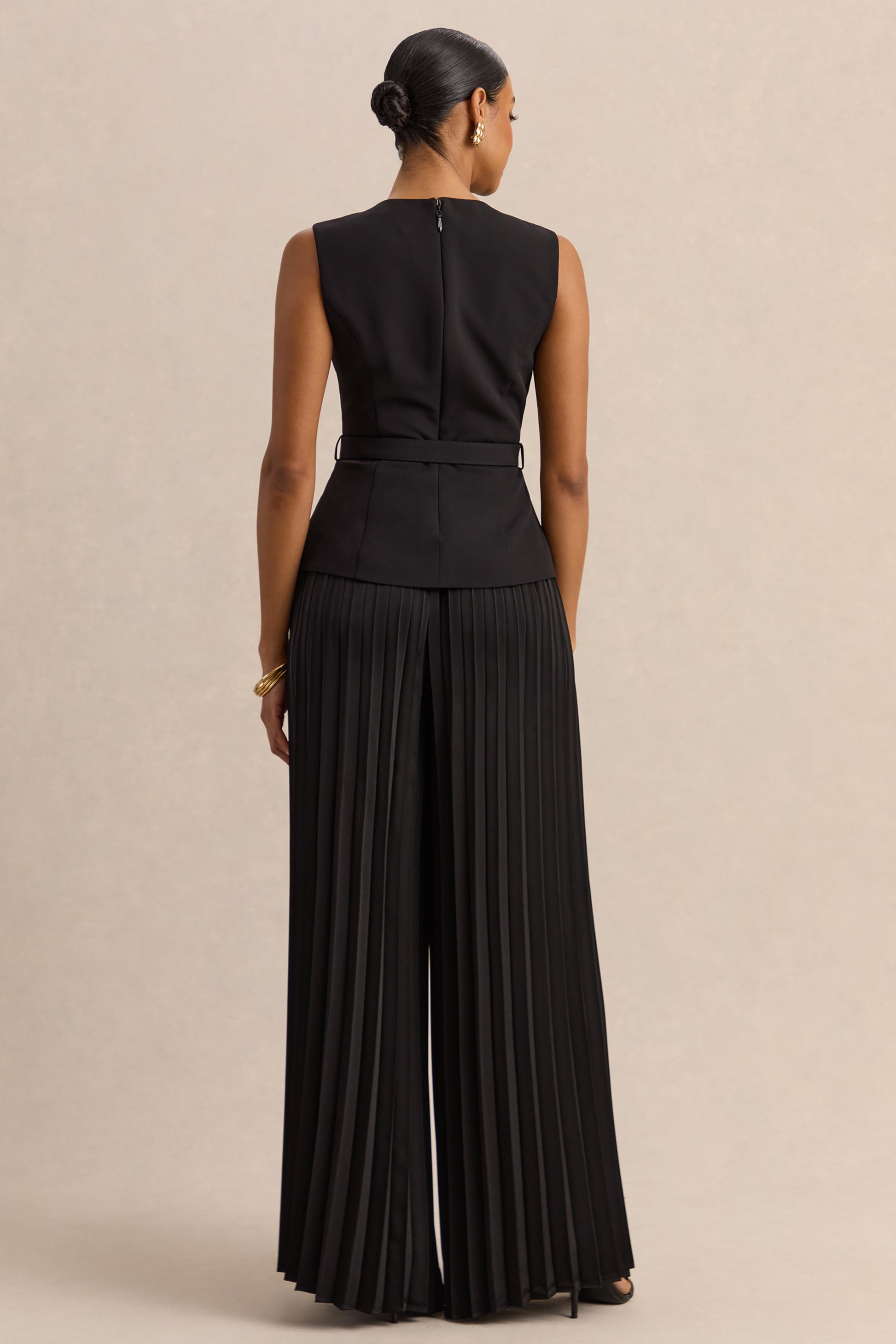 Karienne | Black Round-Neck Top With Belted-Detail