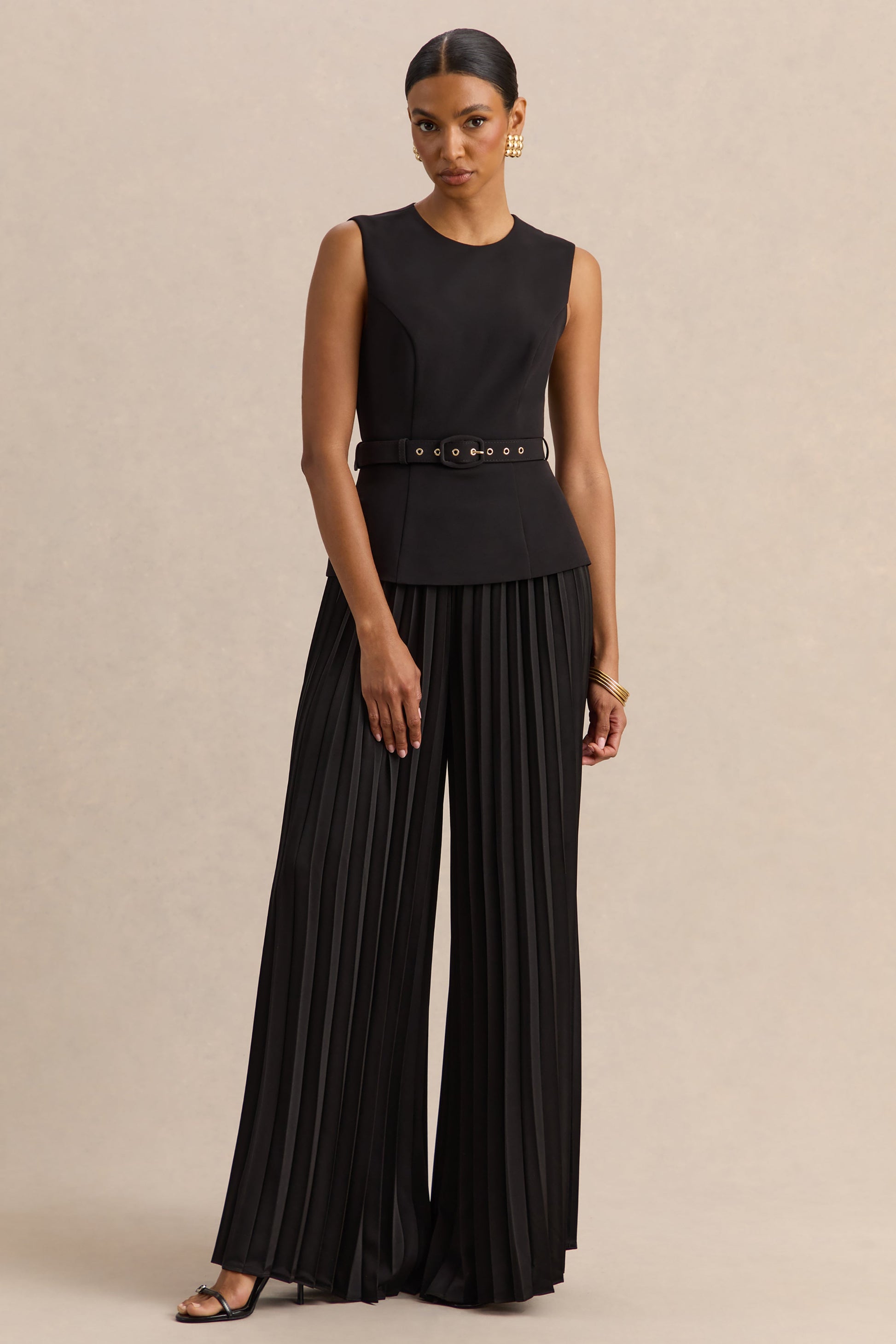 Karienne | Black Round-Neck Top With Belted-Detail