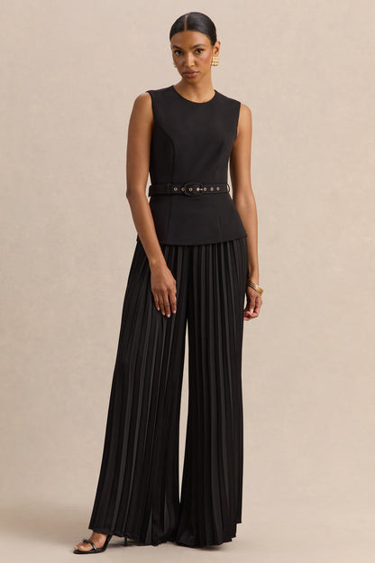 Karienne | Black Round-Neck Top With Belted-Detail