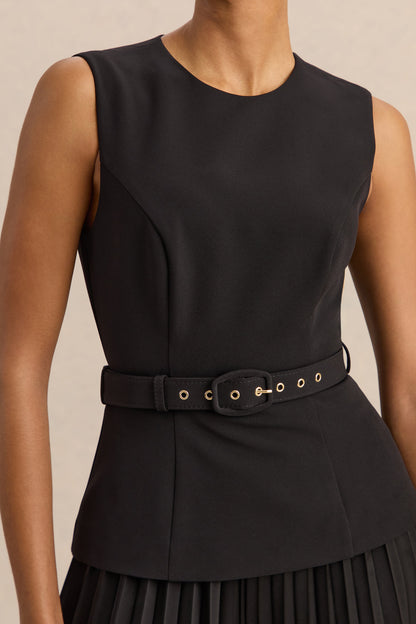 Karienne | Black Round-Neck Top With Belted-Detail