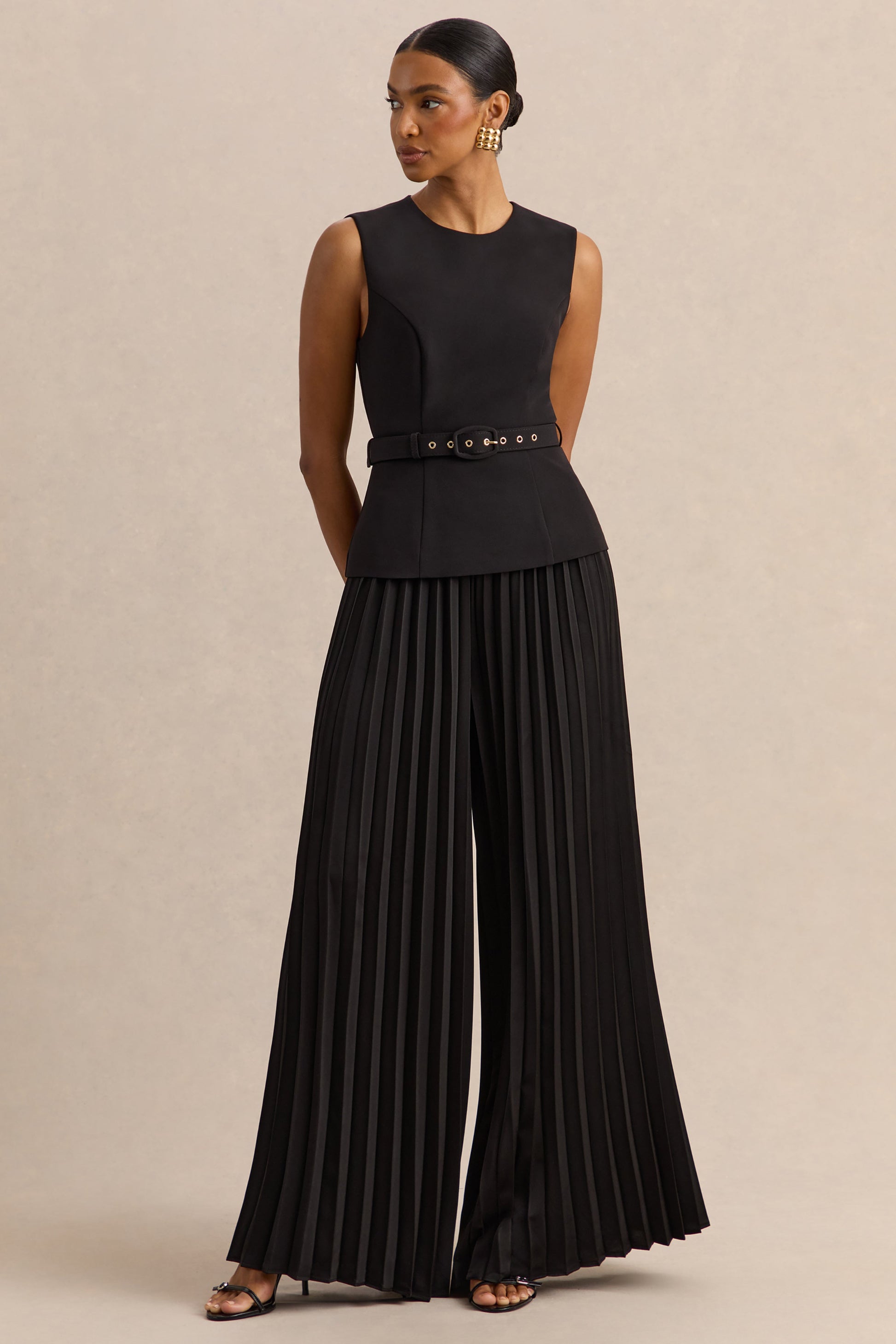 Lerenza | Black Satin Wide-Leg Pleated Trousers