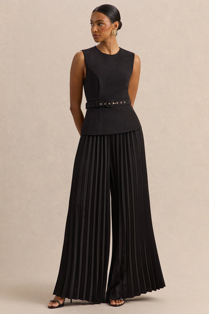 Lerenza | Black Satin Wide-Leg Pleated Trousers