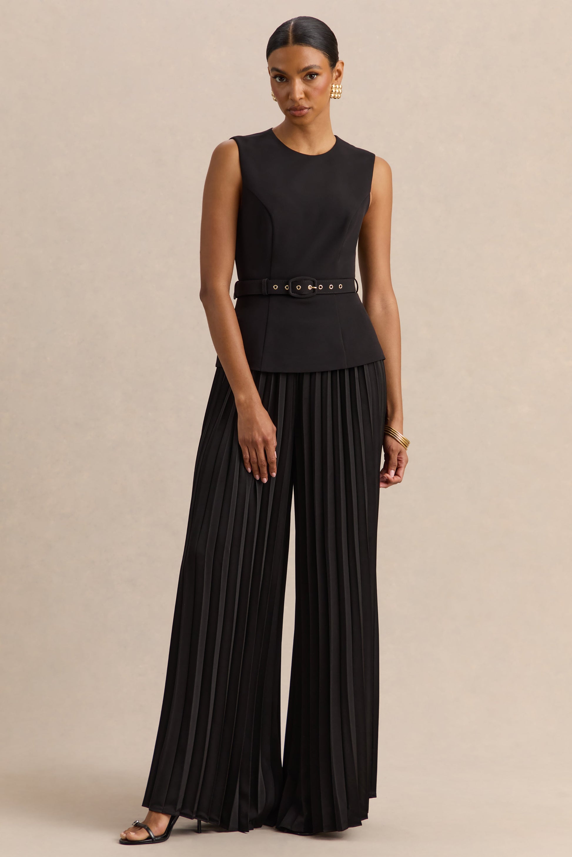 Lerenza | Black Satin Wide-Leg Pleated Trousers