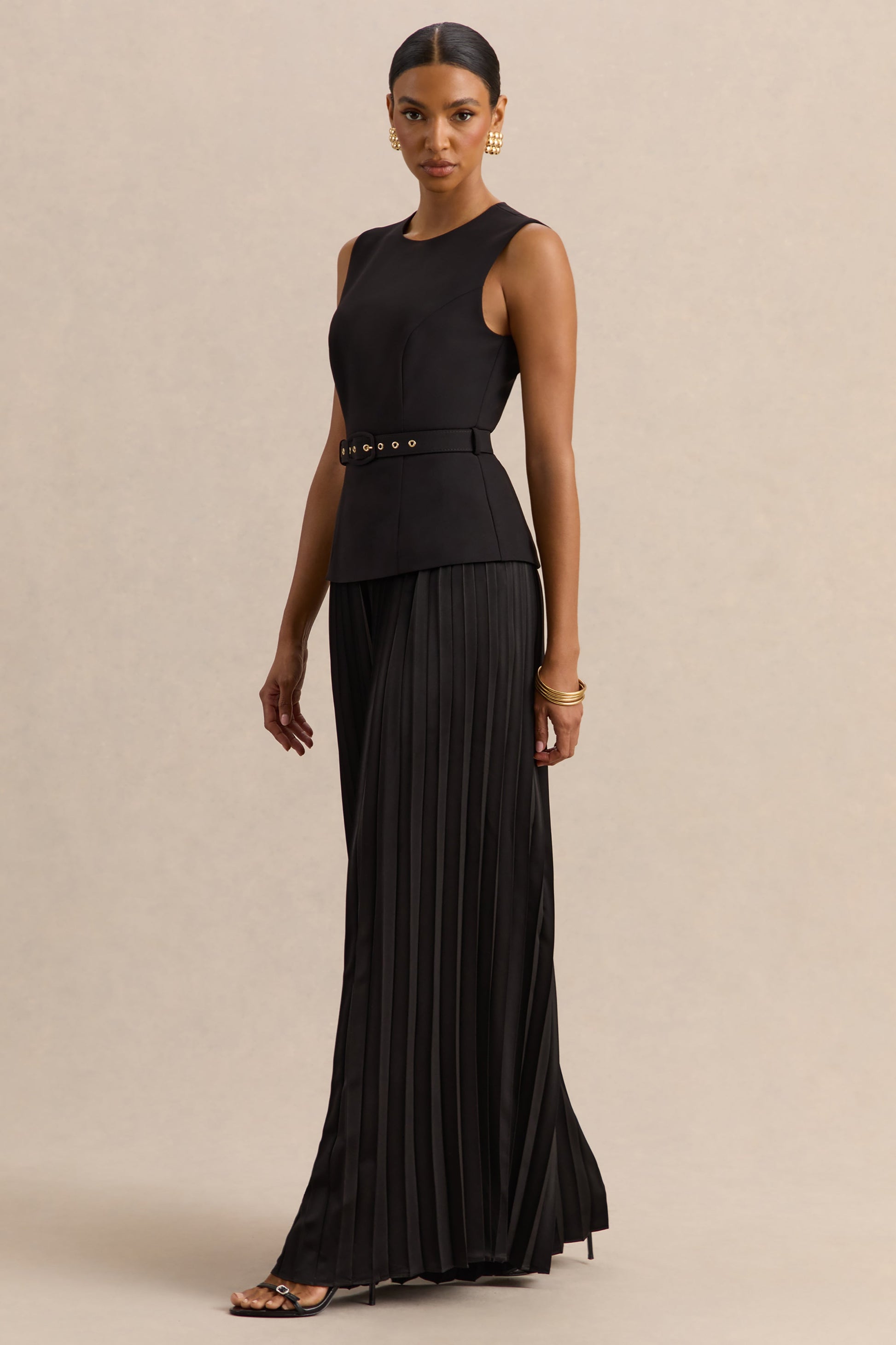 Lerenza | Black Satin Wide-Leg Pleated Trousers