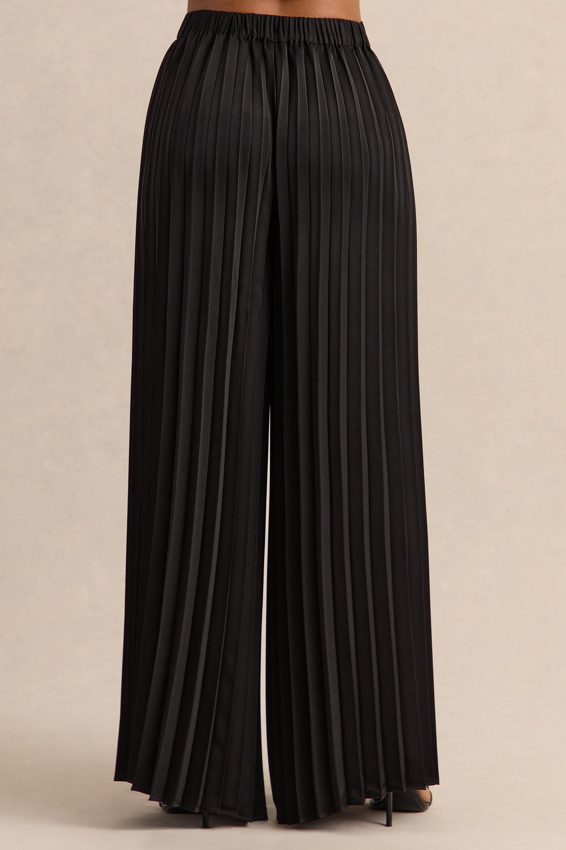 Lerenza | Black Satin Wide-Leg Pleated Trousers