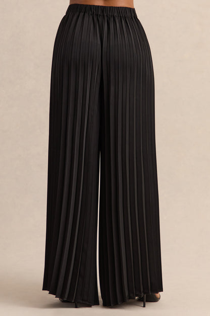 Lerenza | Black Satin Wide-Leg Pleated Trousers