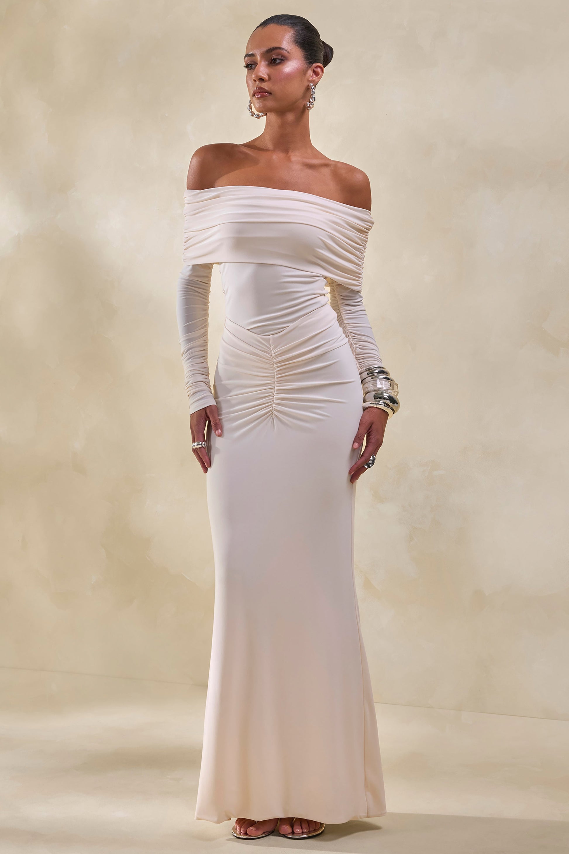 Drina | Cream Bardot Neck Thong Bodysuit With Ruched Long Sleeves