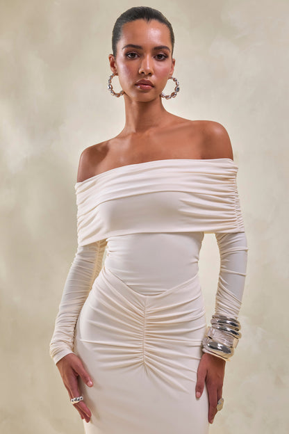 Drina | Cream Bardot Neck Thong Bodysuit With Ruched Long Sleeves
