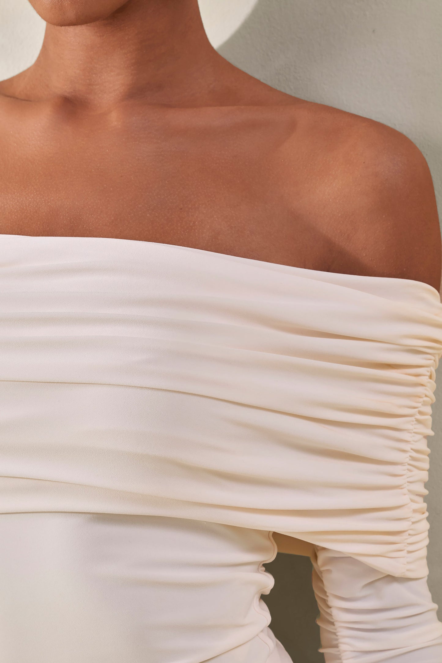 Drina | Cream Bardot Neck Thong Bodysuit With Ruched Long Sleeves