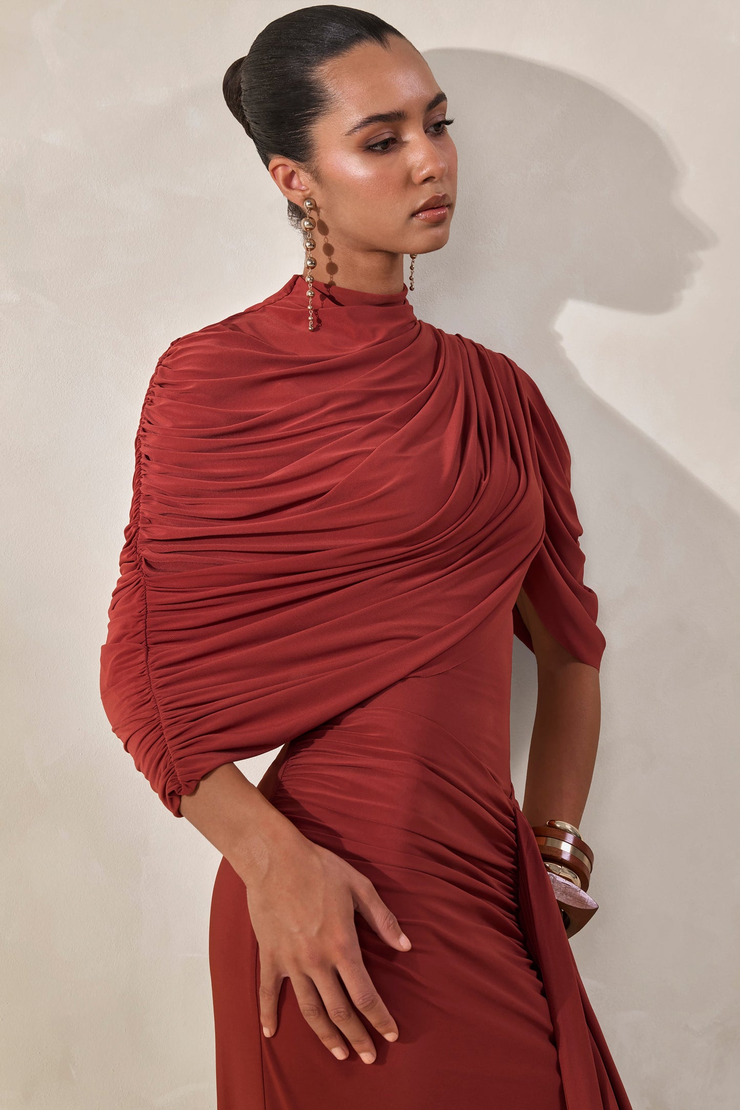 Fenicia | Rust High-Neck Thong Bodysuit With Cape Detail