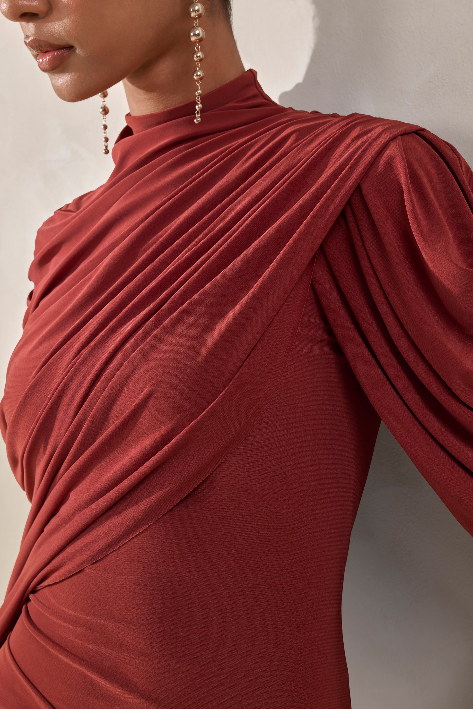 Fenicia | Rust High-Neck Thong Bodysuit With Cape Detail