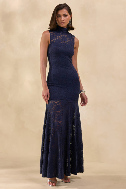 Esalyn | Navy Lace High-Neck Maxi Dress With Sheer-Skirt