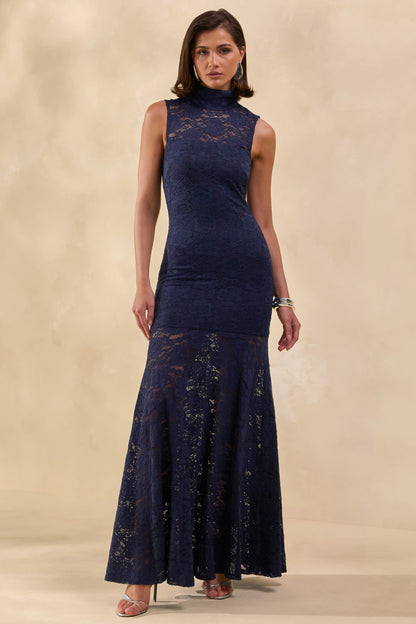 Esalyn | Navy Lace High-Neck Maxi Dress With Sheer-Skirt