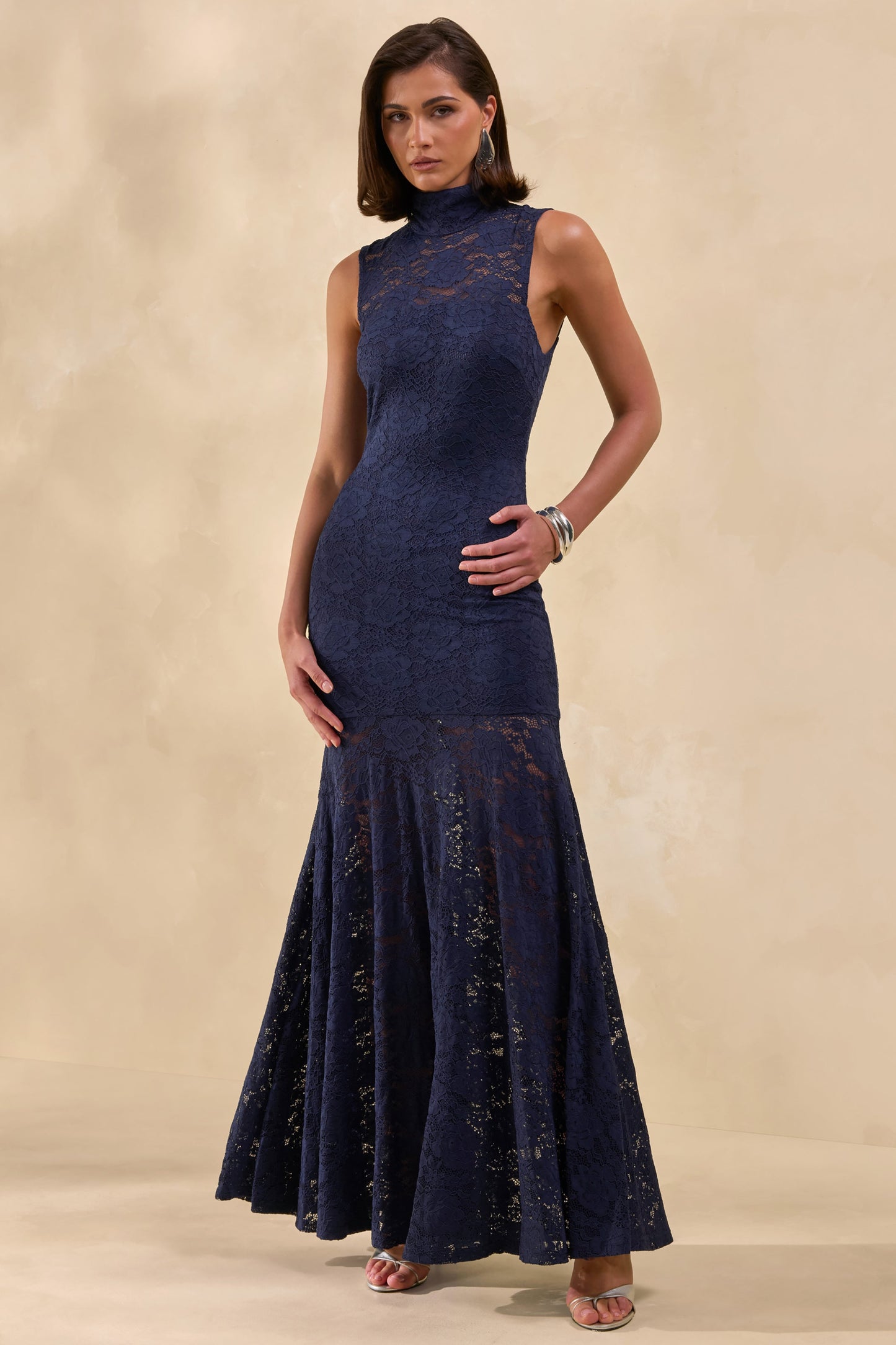 Esalyn | Navy Lace High-Neck Maxi Dress With Sheer-Skirt